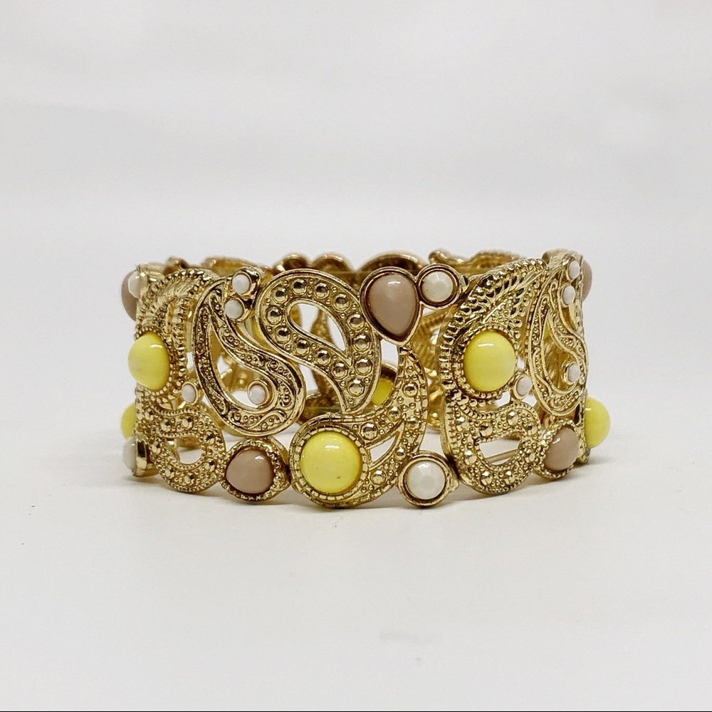 Gold Tone Paisley Stretch Bracelet | Yellow Taupe & Ivory Statement Cuff